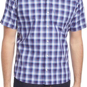 Peter Millar Clarke Plaid Short Sleeve Button-up Shirt Alpine Blue, Medium
